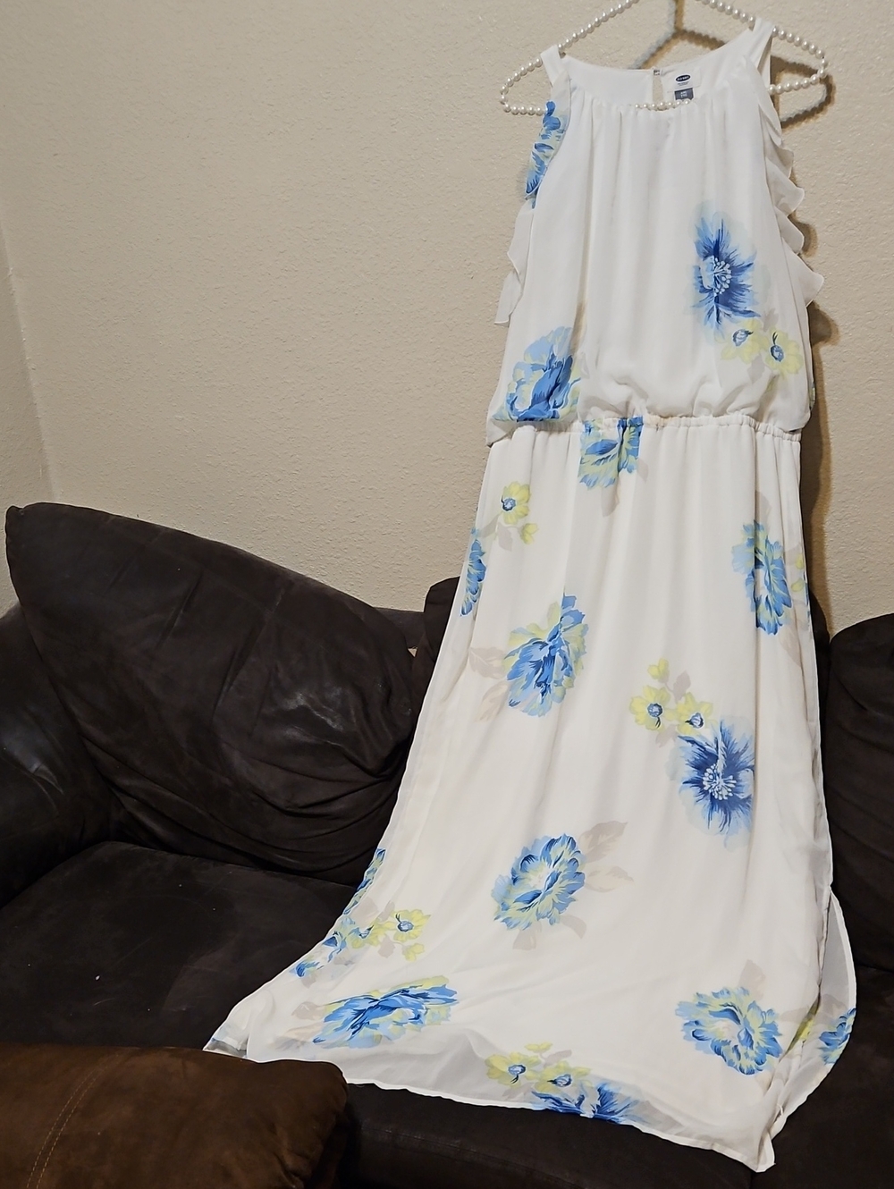 Old Navy White Maxi Dress with Blue and Yellow Floral Print